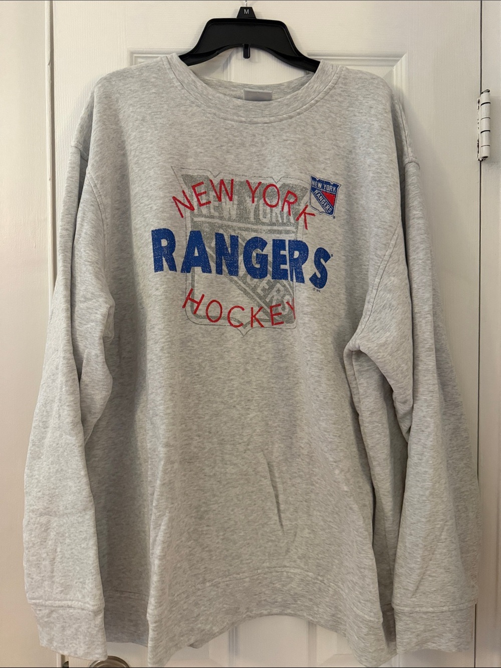 NHL New York Rangers Gray Crewneck with Blue and Red Lettering